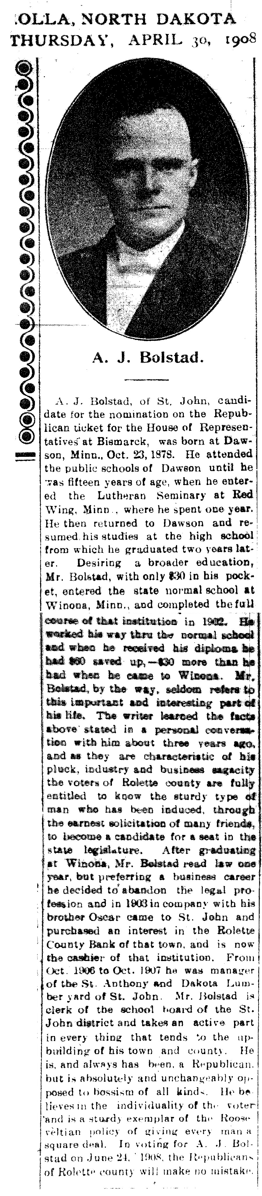 Turtle Mountain Star  April 30 1908  Anton Bolstad Profile 